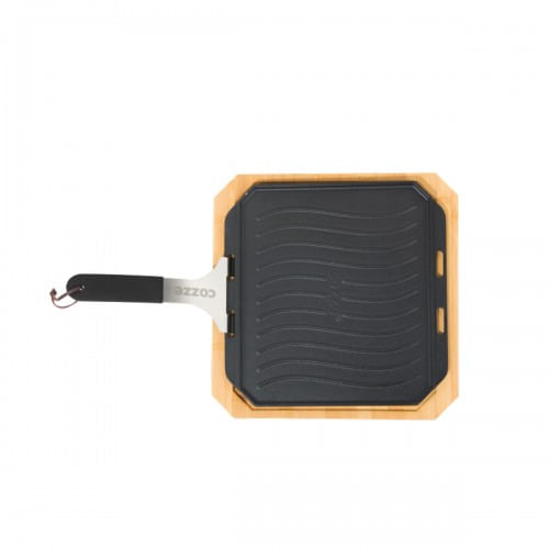 Piastra in Ghisa 30x30 Versatile con Vassoio in Legno per Carne e Pesce