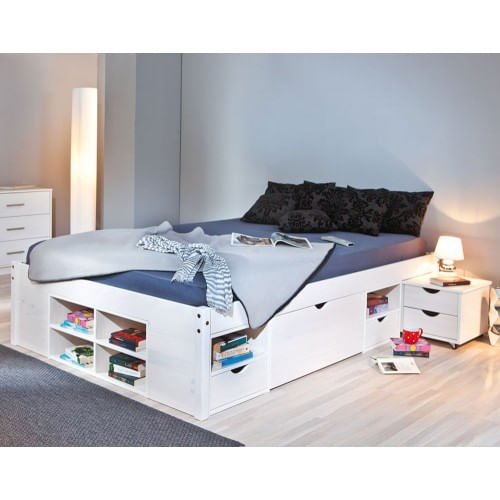 Letto alla Francese 140x190 Bianco Rete a Doghe con Cassetti una piazza e mezzo