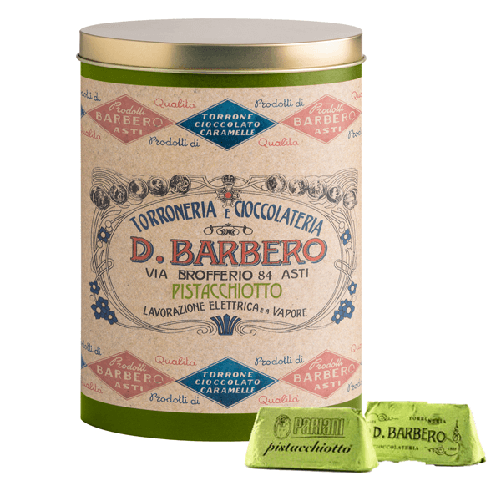 Gianduiotti gusto pistacchio in scatola di metallo Barbero-prodotto stagionale