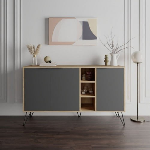 Credenza 3 Ante Antracite e Rovere Mobile Piattaia con Ripiani Soggiorno Sala