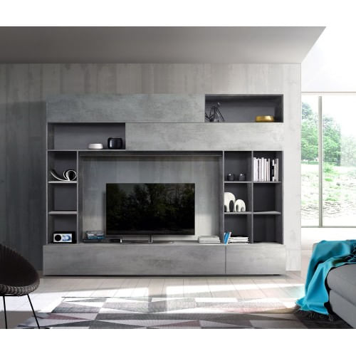 Mobile Porta Tv Grigio Cemento Parete Attrezzata Moderna Ante Soggiorno Libreria