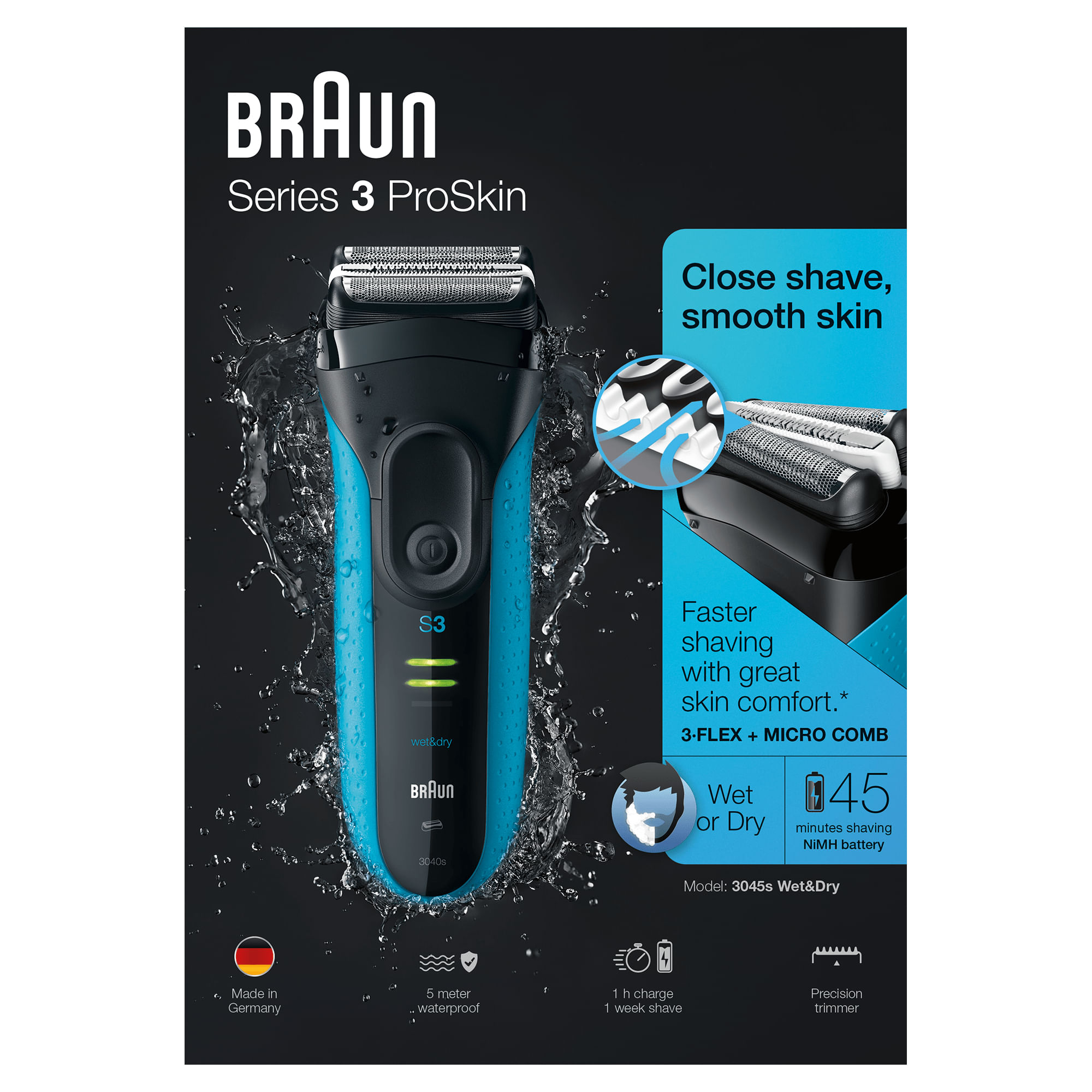 Braun Series 3 ProSkin 3045s Rasoio Trimmer Nero, Blu