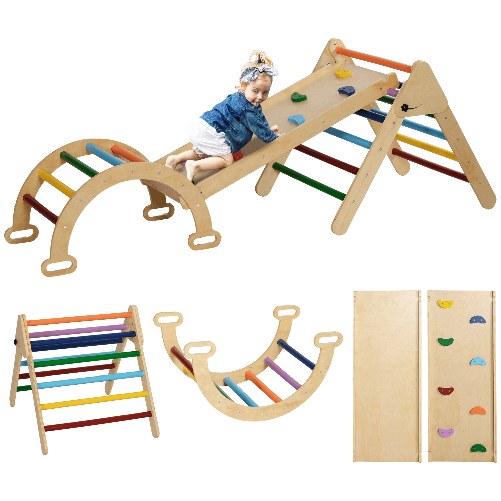 AIYAPLAY Gioco Arrampicata Bambini con Triangolo e Arco Montessori e Rampa con Pietre in Legno di Pino