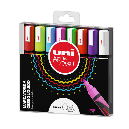 UNI MITSUBISHI Busta 8 marcatore a gesso liquido UNI CHALK p.tonda col.assortiti UNI