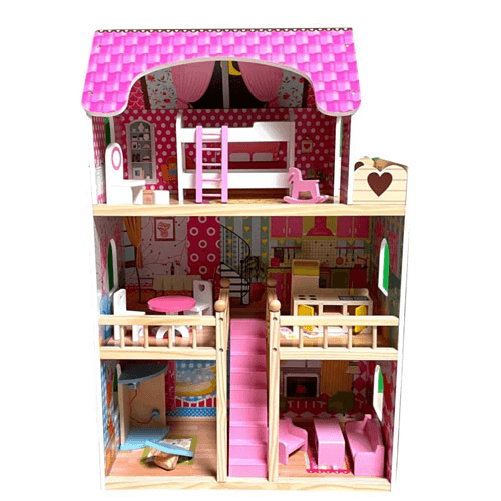Pidema:Casa della bambola in legno per bambino con 13 accessori, case delle bambole tre piani per bambini.