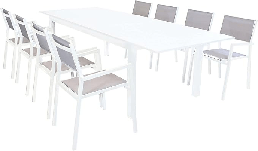 ARGENTUM - set tavolo in alluminio cm 220/280 x 100 x 75 h con 8 poltrone Aulus