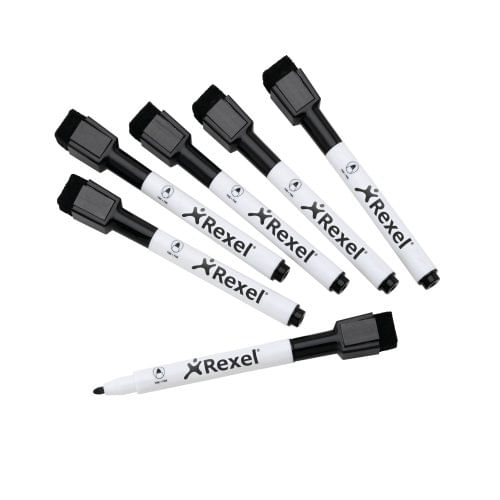 Nobo 2104184 Black Mini Whiteboard Pen with Magnetic Eraser Cap Pack of 6 6 PENNARELLI MAGNETICI NERI per LAVAGNE BIANCHE Rexel