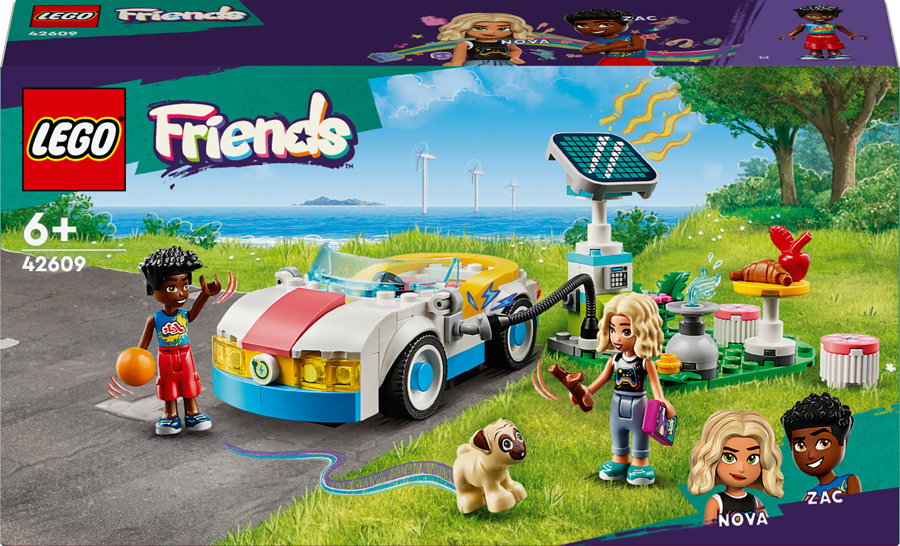 LEGO Friends 42609 Auto Elettrica e Caricabatterie, Giochi per Bambini di 6+ Anni con Macchina Giocattolo e 2 Mini Bamboline