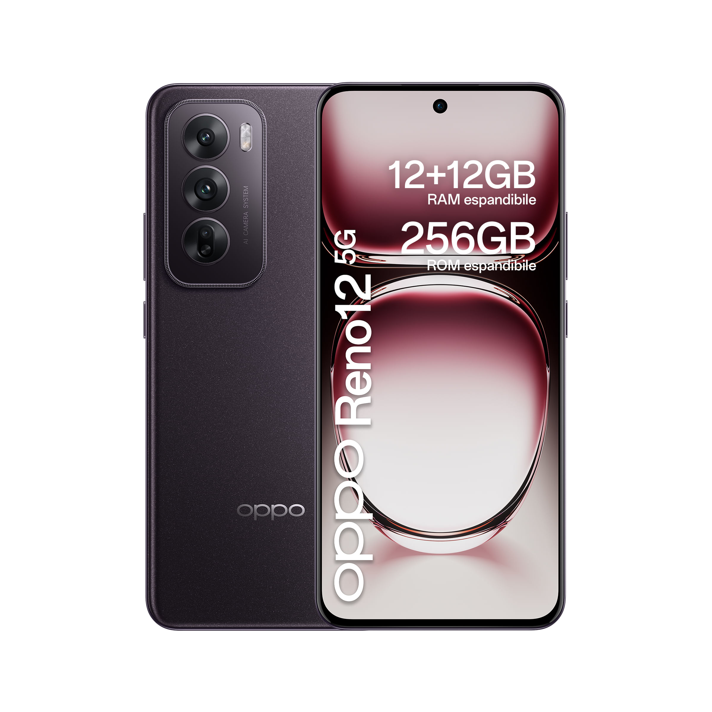 OPPO Reno12 5G AI Smartphone, Tripla fotocamera 50+8+2MP, Selfie 32MP, Display 6.7” 120HZ AMOLED FHD+, 5000mAh, RAM 24 GB (12+12) + ROM 256GB, [Versio