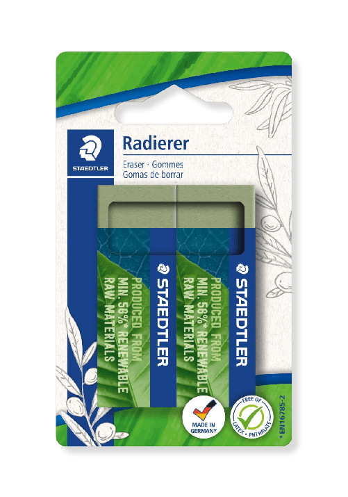 Staedtler gomma verde oliva 65x23x13mm 56% naturale senza ftalati 2 pezzi made in germany