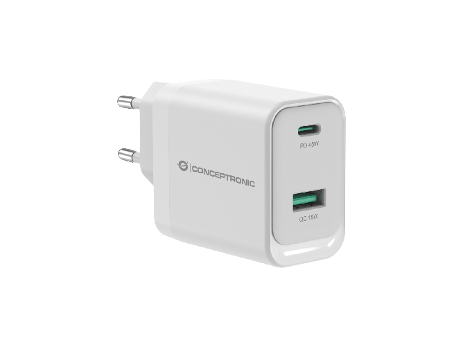Conceptronic althea20w45 caricabatterie universale 45w gan 2 porte ricarica rapida bianco