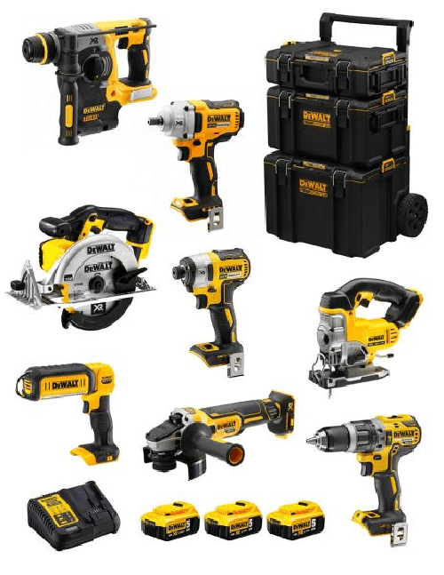 Dewalt kit dwk800 (dcd796 + dch273 + dcg405 + dcf887 + dcf894 + dcs331 + dcs391 + dcl050 + 3 x 5,0 ah + dcb115 + caddy 3en1) 8435587917038
