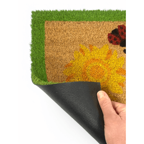 Tappeto Ingresso Esterno in Cocco - Zerbino Antiscivolo con Coccinelle e Girasoli - 40x70 cm