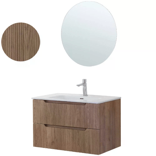 Mobile Bagno Sospeso con Lavabo in Ceramica e Specchio 2 Cassetti 80 cm Rovere
