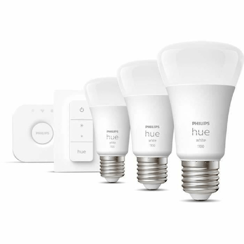 Philips Hue White Starter Kit Bridge + 3 Lampadine Smart E27 75W + Dimmer Switch Philips Lampadina LED Philips Starter Kit E27 9,5 W Bianco F (3 Unità