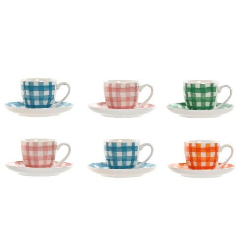 Home ESPRIT Set di 6 Tazze con Piatto Home ESPRIT Azzurro Bianco Verde Arancio Rosa Porcellana 90 ml