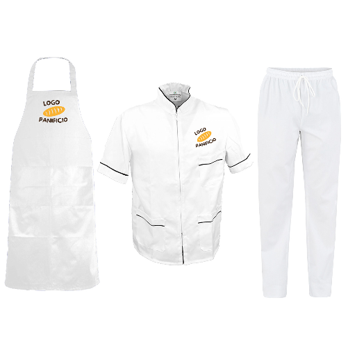 Completo uomo per Panetteria lavoro Bancone con camice casacca Pantalone e Grembiule Personalizzabile con logo e nome S Bianco