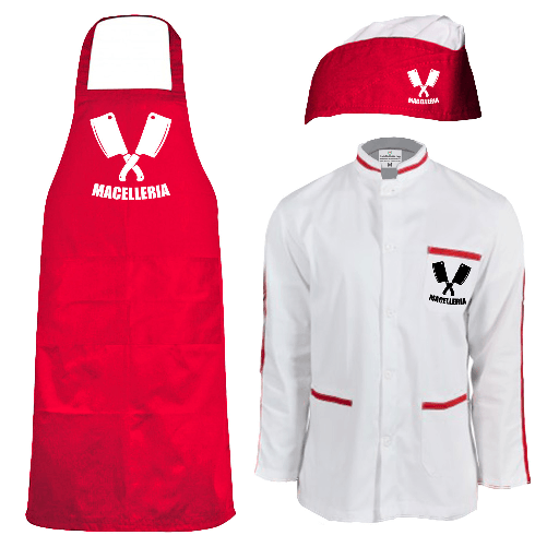 Kit Divisa Uomo Giacca cappello e grembiule per salumerie ortofrutta pescherie laboratori macellerie e supermercati made in italy S rosso