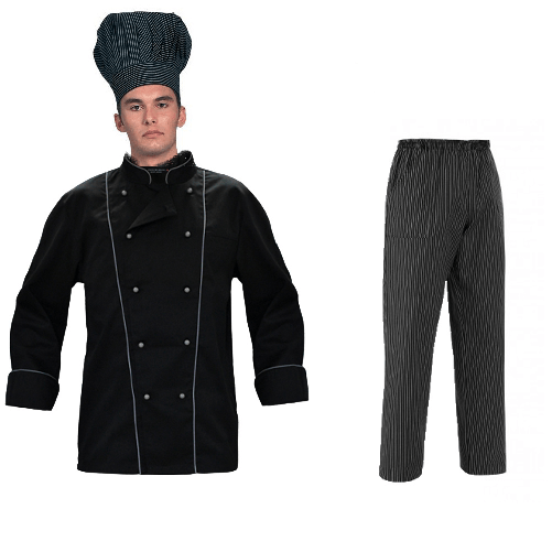 Completo giacca cuoco nera serale e pantalone nero gessato elegante XXL