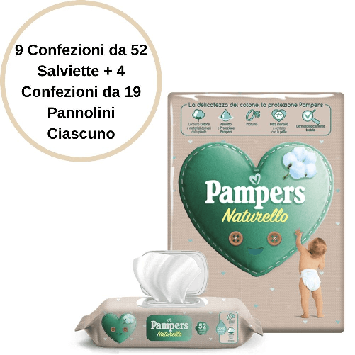 Pampers naturello 9 salviette + 4 confezioni pannolini 5 da 19 pannolini ciascuno