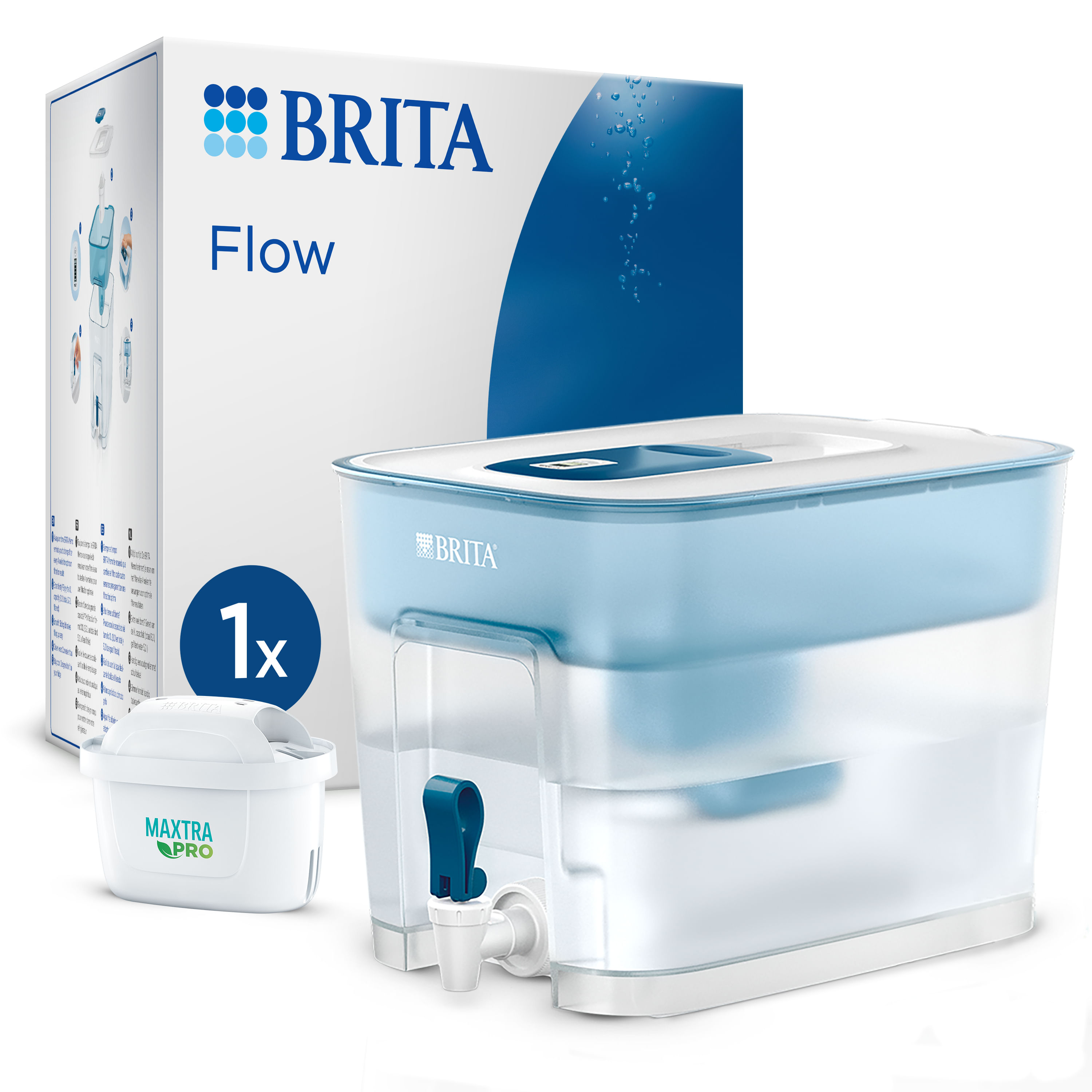 Brita Dispenser filtrante acqua Flow (8.5L) incl. 1 x filtro MAXTRA PRO All-in-1 che riduce cloro, calcare Brita Sistema filtrante XXL Flow (8.2L) inc