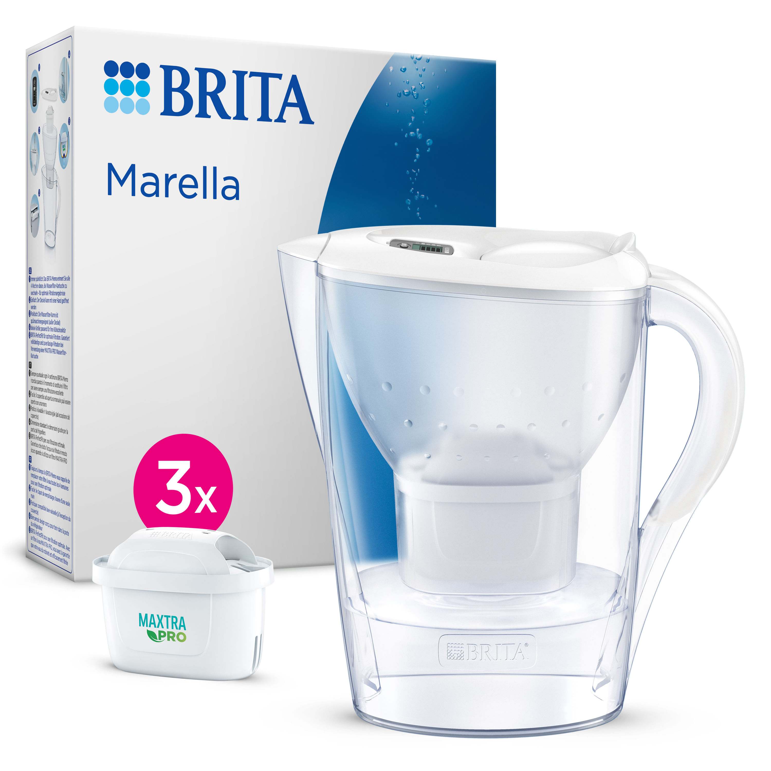 Brita Caraffa filtrante acqua Marella (2.4L) incl. 3 x filtri MAXTRA PRO All-in-1 che riduce cloro, calcare Brita Caraffa filtrante Marella bianca (2.