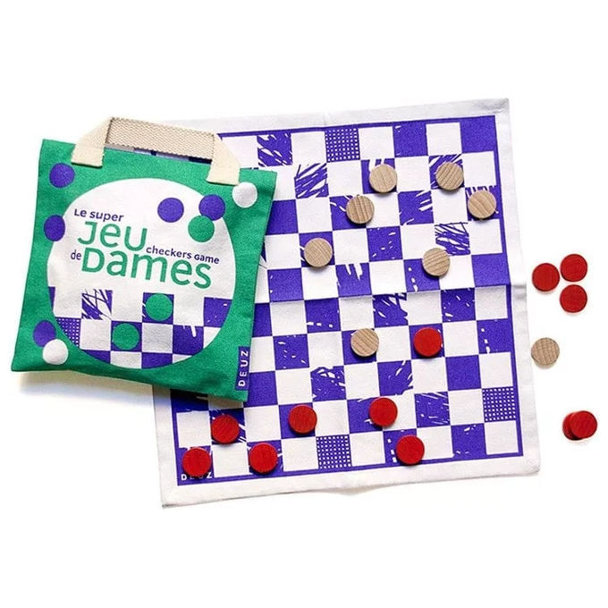 DEUZ – Gioco della Dama in Cotone Biologico con Pedine in Legno, Tappetino Morbido e Pieghevole, Ideale per Viaggio e Gioco da Tavolo
