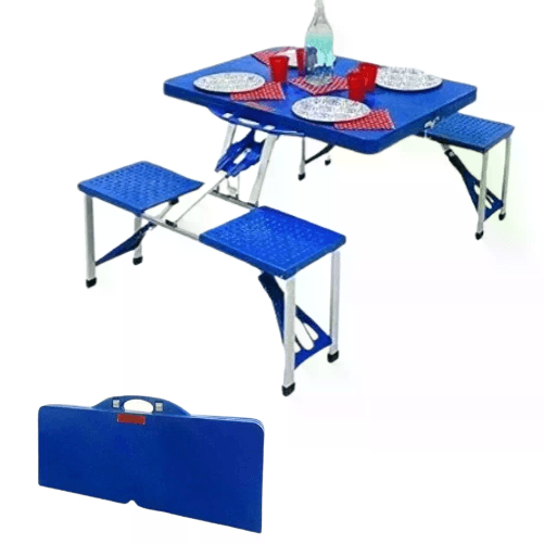 Cecaro Group Set Tavolo Tavolino Pieghevole Pic Nic Campeggio Alluminio Con 4 Sgabelli Blu