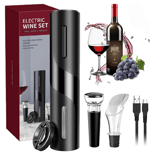 TrAdE Shop Traesio Cavatappi Elettrico Vino Set Apribottiglie 5in1 Ricarica Usb Tagliapasta Tappo Versatore -
