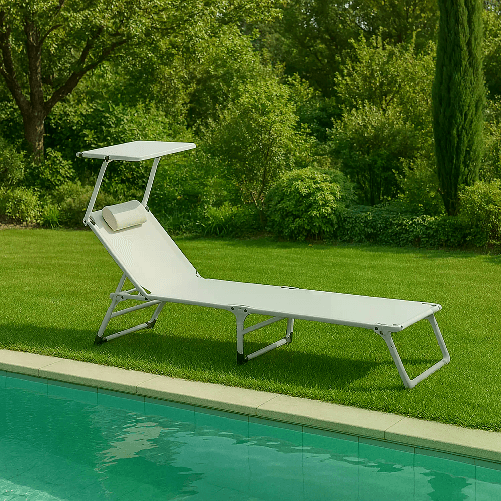 Lettino Prendisole Pieghevole Mackay con Parasole, Telaio Alluminio e Telo in Textilene Bianco
