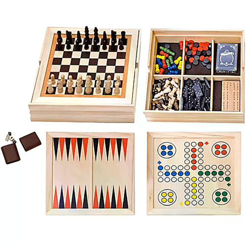 Set Giochi Di Societa': Scacchi, Dama, Domino, Dadi, Dama Cinese, Backgammon, Mulinello, Carte Francesi.