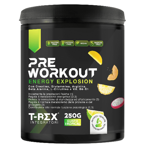 T-Rex Integratori Pre Workout 250g - Energy Drink Potente con Creatina Monoidrata, Bcaa, Arginina - Pre