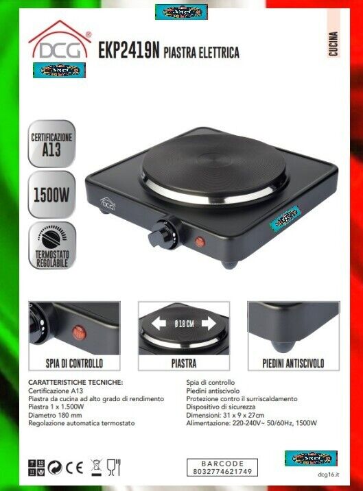 Dcg Srl DCG Eltronic EKP2419 piano cottura Nero, Bianco Superficie piana Piastra sigillata 1 Fornello(i) DCG Eltronic EKP2419 piano cottura Nero, Bian