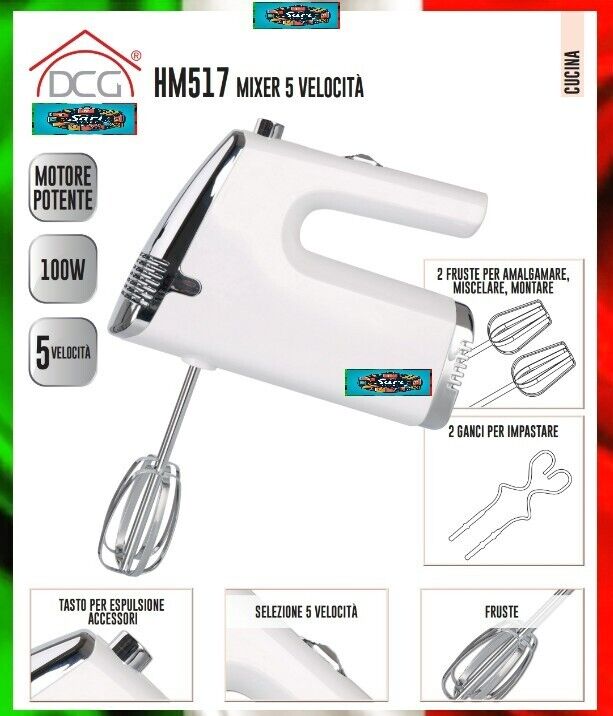 Dcg Sbattitore elettrico miscela monta impasta 5 velocità 2 fruste 2 ganci 100W DCG Eltronic HM517 sbattitore Sbattitore manuale 100 W Cromo, Bianco