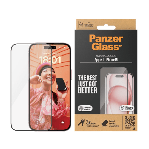 PanzerGlass Pellicola in Vetro Temperato iPhone 15 | Ultra-Wide Fit con applicatore incluso