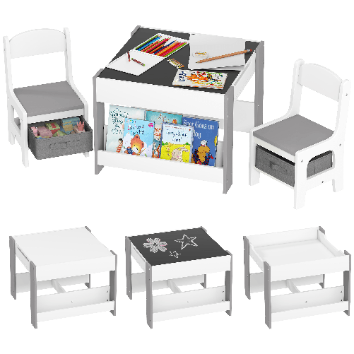 PG Convenienza Set Tavolino per Bambini e 2 Sedie, Piano del Tavolo 3 in 1 con Lavagna e Contenitori, Grigio