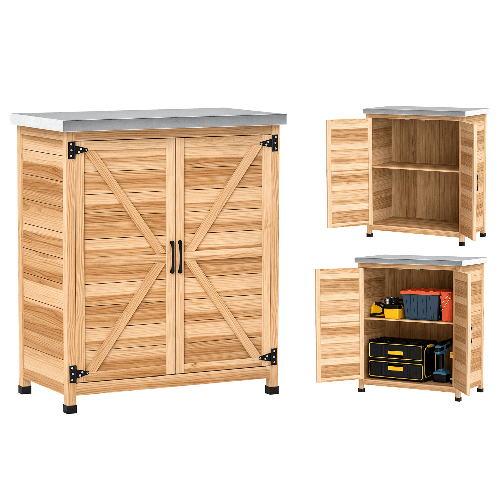 PG Convenienza Armadio da Esterno con Ripiano Interno e Banco da Lavoro, in Legno e Acciaio Zincato, 79x43x92 cm, color Legno