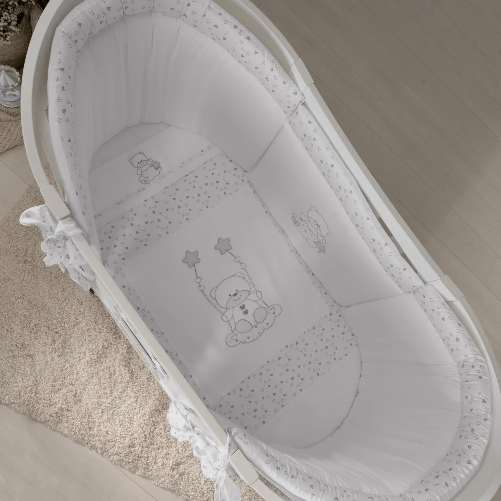 Paracolpi + Piumino sfoderabile + Set lenzuola 3pz per Lettino Ovale Altalena Coccolissimi Colore Grigio