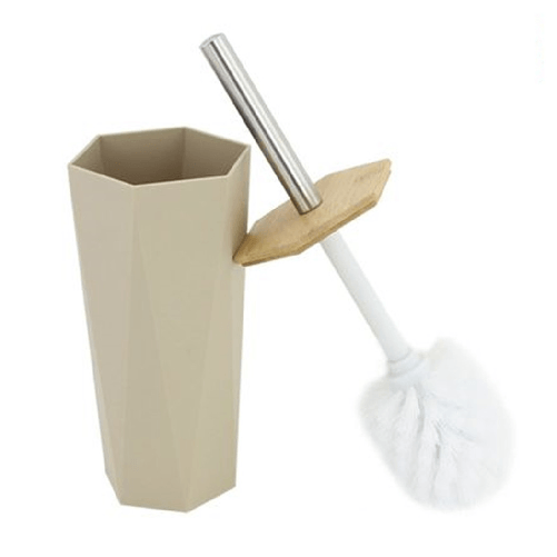 Porta Scopino Esagonale Geometrico Beige Legno Con Scopettino Spazzolone Wc Bagno 10844 -