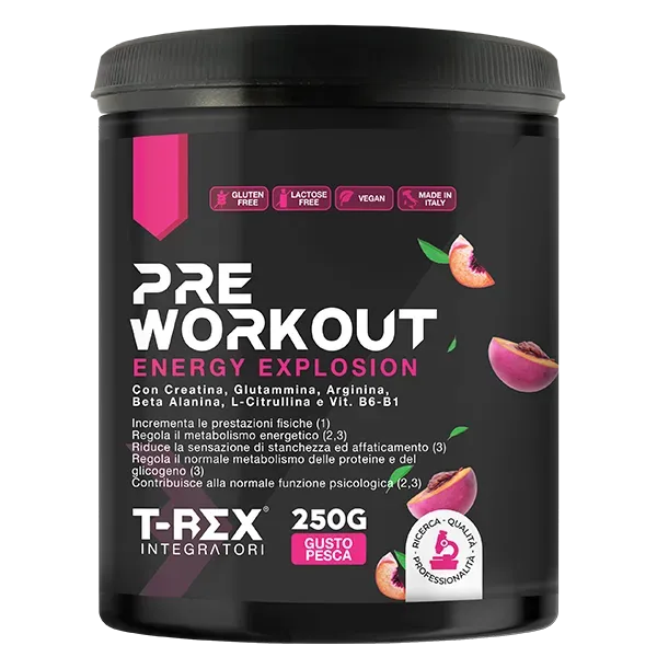 T-Rex Integratori Pre Workout 250g - Energy Drink Potente con Creatina Monoidrata, Bcaa, Arginina - Pre-Allenamento Energia e Massa , Aroma Pesca