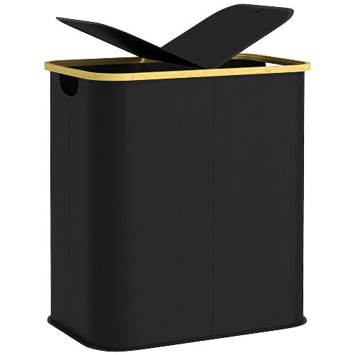 PG Convenienza Cesto Portabiancheria da 80L a 2 Sezioni con Coperchio, in Tessuto non Tessuto e Bambù, 54x34x58.5 cm, Nero