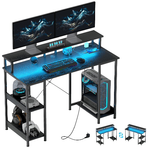 PG Convenienza Scrivania per PC Reversibile con Prese Elettriche, Luci, Supporto Monitor e Scaffale, 120x50cm, Nero