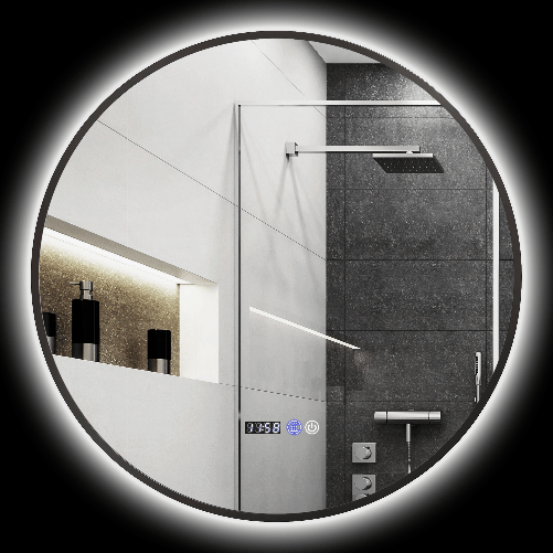 PG Convenienza Specchio Bagno con Luce LED Regolabile, Antiappannamento e Display Tempo e Temperatura, Ø70 cm, Nero