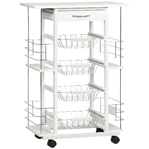 PG Convenienza Carrello da Cucina con Cassetto, 4 Cesti e 4 Ripiani, in Metallo, Ceramica e Legno, 57x37x83 cm, Bianco