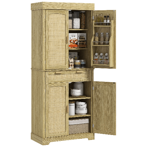 PG Convenienza Credenza Cucina Stile Boho con 2 Armadietti, Cassetto e Portaspezie in Legno e Rattan, 76x40x183cm, Rovere