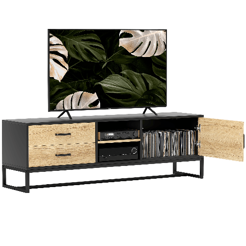 PG Convenienza Mobile Porta TV 60" con Armadietto, 2 Cassetti e Ripiani Aperti, 140x35x45 cm, Legno Naturale
