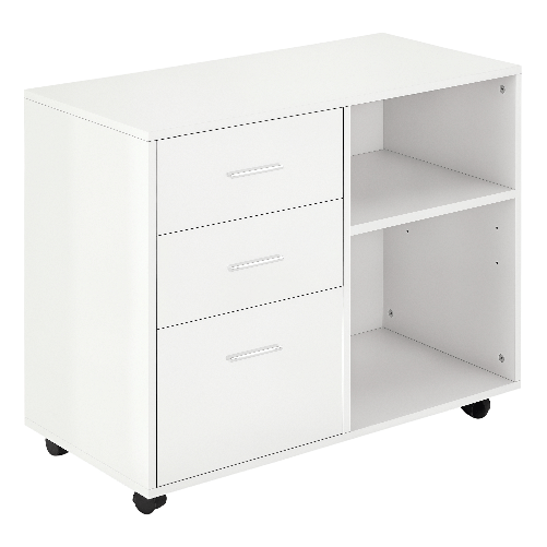 PG Convenienza Mobile Porta Stampante con 3 Cassetti in Legno, Mobile Ufficio Multiuso con 4 Ruote e Ripiani Aperti, 80x40x65cm, Bianco