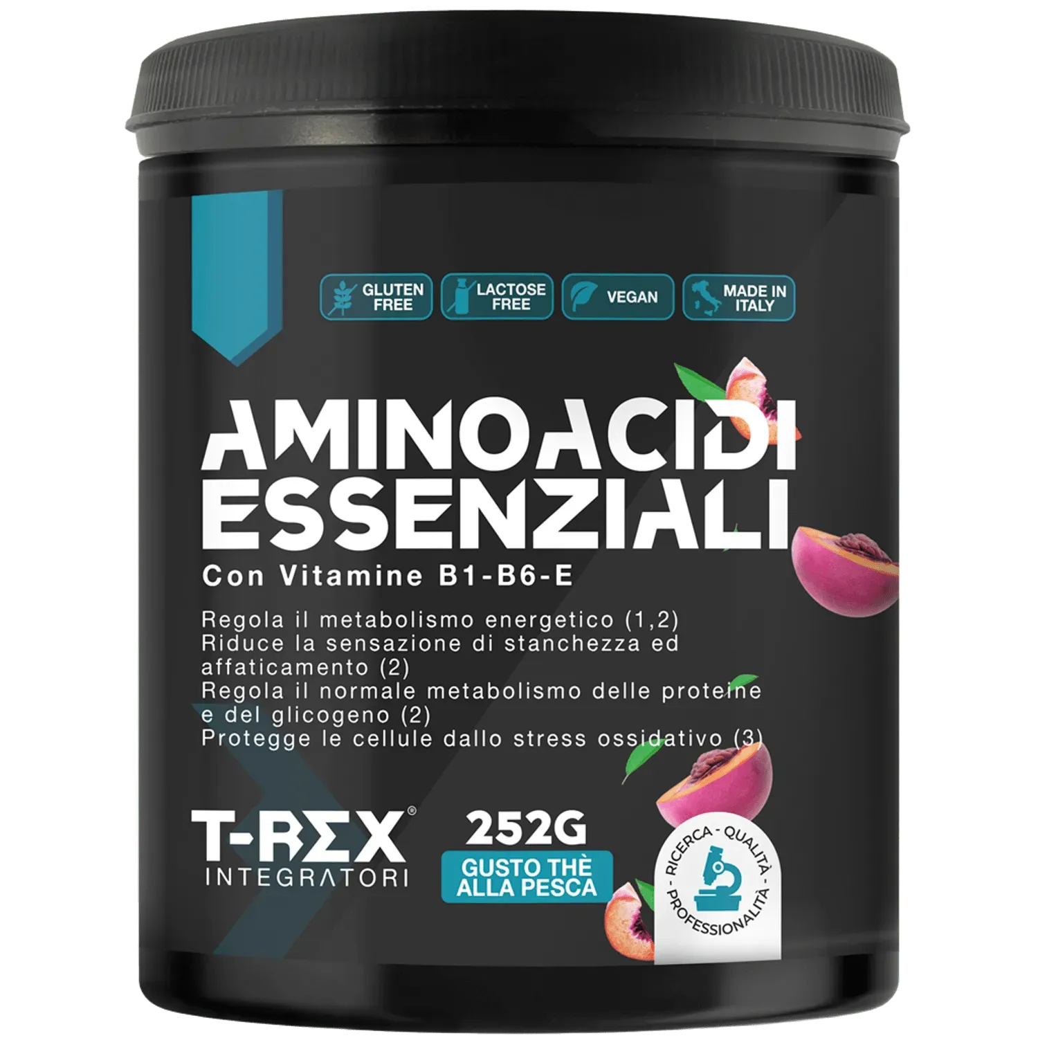 EAA Aminoacidi Essenziali con mix di vitamine B1, B6 ed E - Integratore di amminoacidi naturali vegan T-Rex Integratori (Tè alla Pesca, 252g polvere)