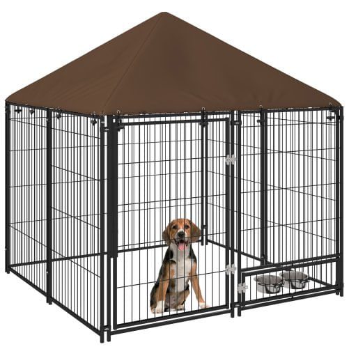 PG Convenienza Recinto per Cani in Metallo e Tessuto Oxford con Porticina per Ciotole, 141x141x151 cm, Nero e Marrone