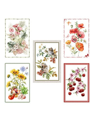 Strofinacci Cucina Cotone Set 5 Pezzi 50x70 cm – Fantasie Floreali e Gatti – Made in Italy con Asola